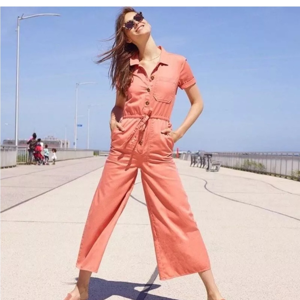 Madewell linen blend, button front blush pink jump suit with tassel tie